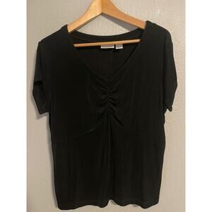 Chicos Shirt Womens 3 XL Black Travelers Ruched V-Neck Short Sleeve Made in USA